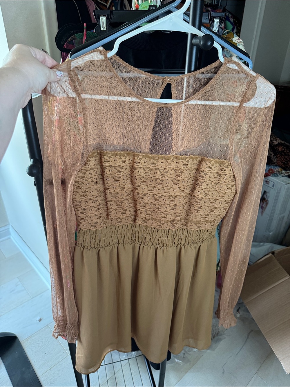 Free People Sheer Lace Bodice Long Sleeve Mini Dress in Camel - Picture 3 of 11